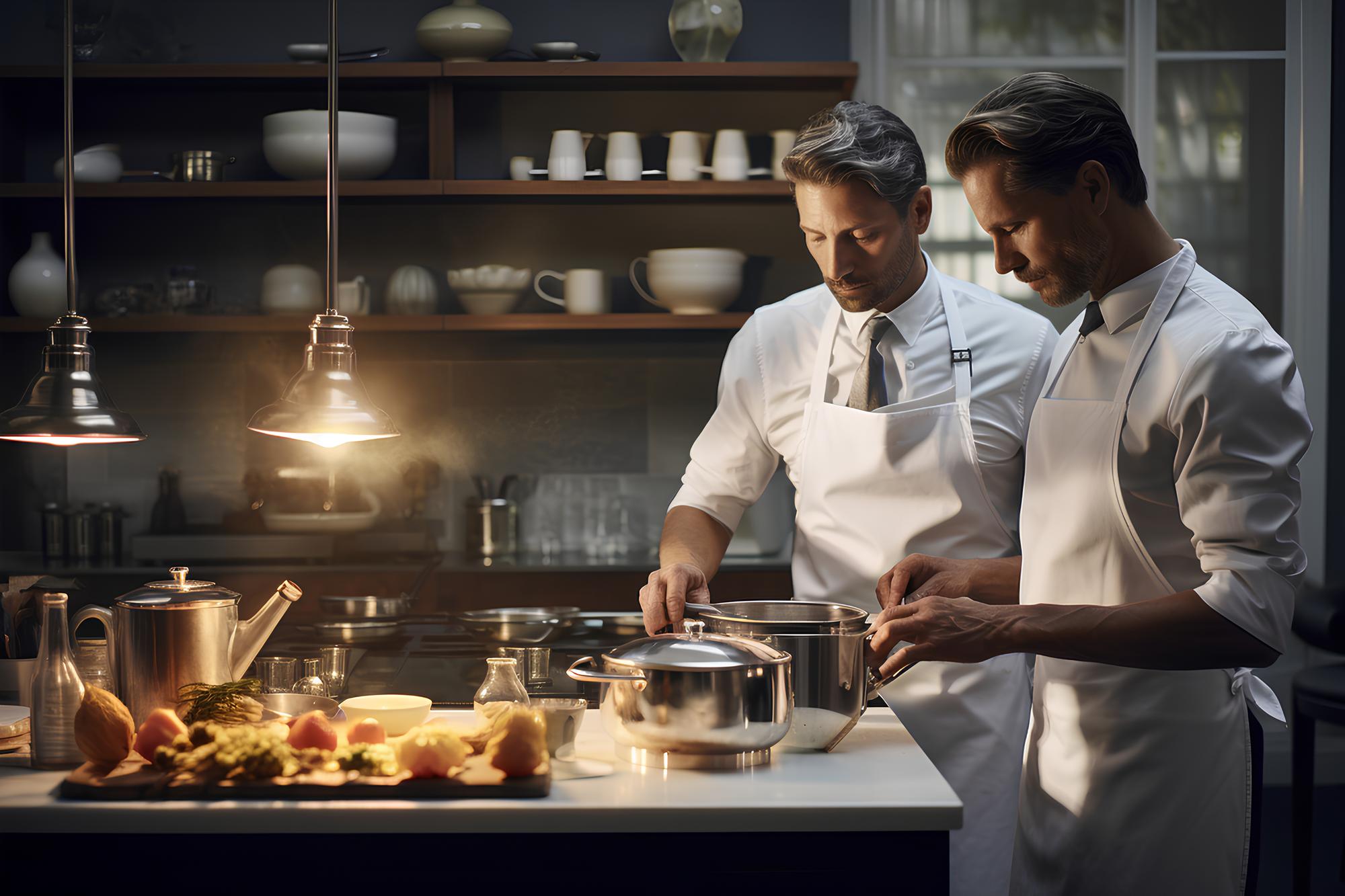 Chef teaching small group at elegant kitchen